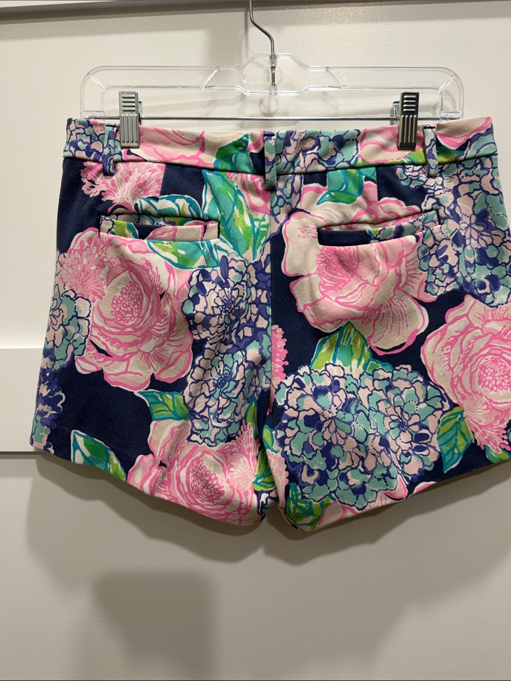 Lilly Pulitzer Navy Floral Cotton Bermuda Shorts with Pink & Green Print - Picture 2 of 3